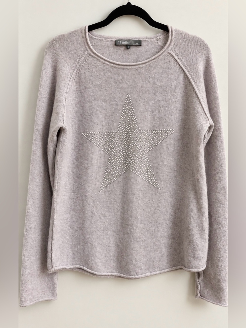 100% Cashmere Rhinestone Star Sweater Gray/Lilac Thumbhole